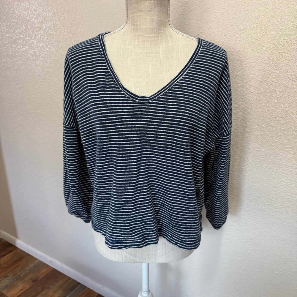 Madewell V Neck Bubble Sleeve Sweatshirt Mystique Blue Striped Top Womens Sz L